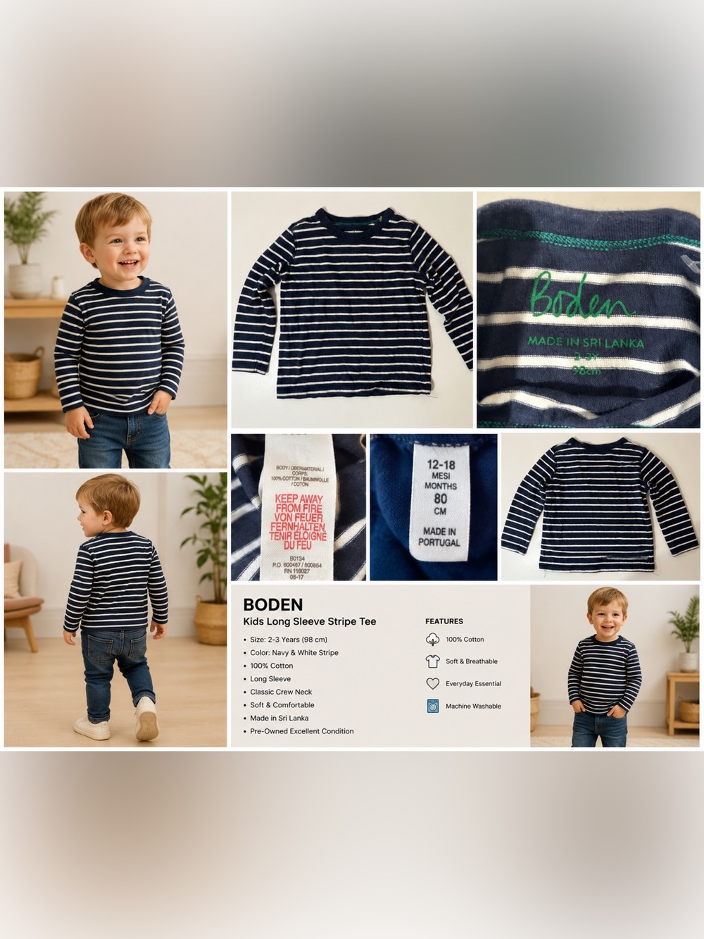 Boden Kids Navy White Stripe Long Sleeve Tee Shirt Size 2-3Y 98cm Cotton